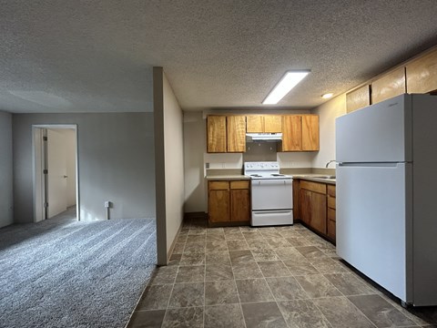 A kitchen with a white refrigerator and wooden cabinets.