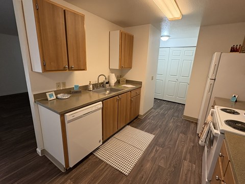 A kitchen with wooden cabinets and a white dishwasher.