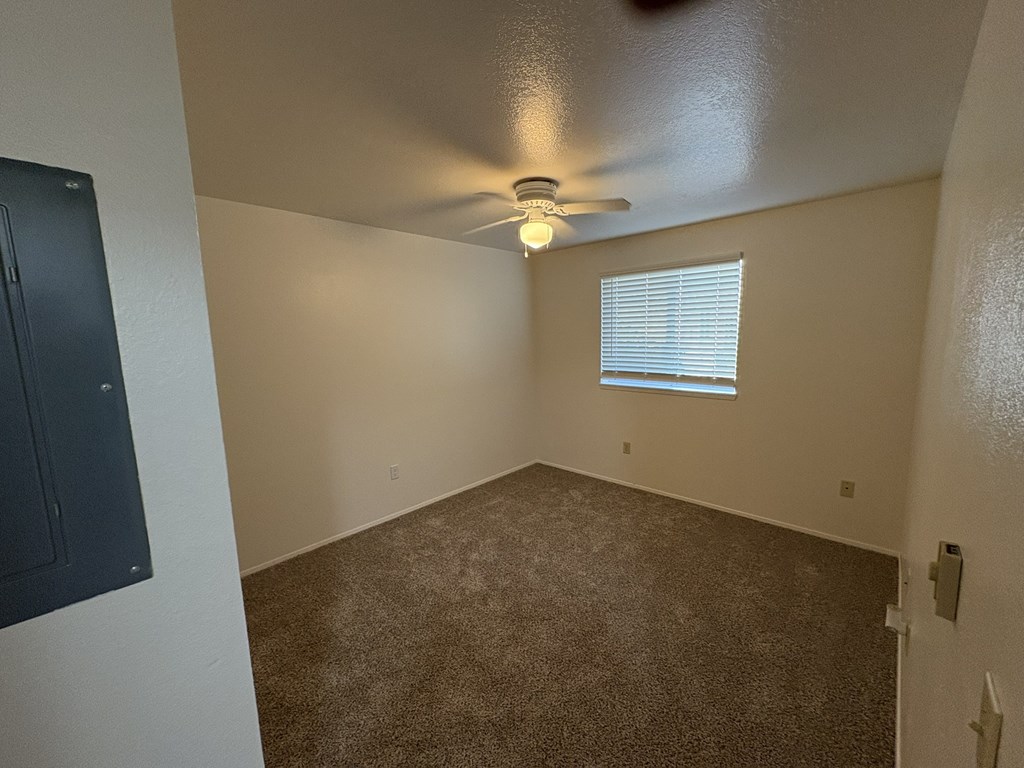 A room with a ceiling fan and carpeted floor.