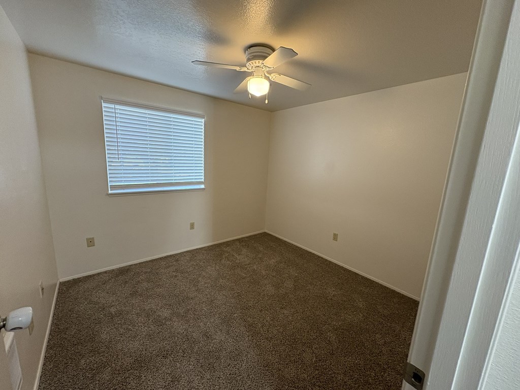 A room with a ceiling fan and carpeted floor.
