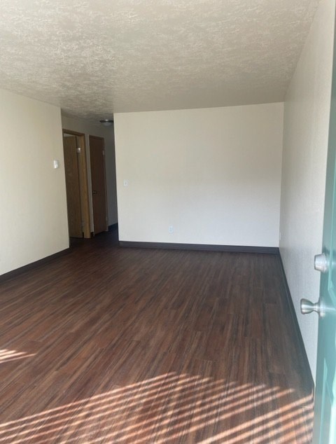 A room with wooden flooring and a door.