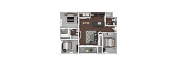 A top-down view of a house layout with a living room, kitchen, dining area, and bedrooms.
