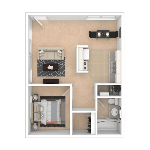 a floor plan of a furnished one bedroom apartment