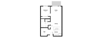 A floor plan of a small apartment with a bedroom, living room, kitchen, dining room, and den.