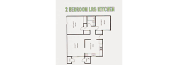 A floor plan of a 2 bedroom living room and kitchen.