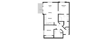 A black and white image of a house floor plan with a living room, dining room, kitchen, and three bedrooms.