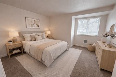 A bedroom with a large bed and a window.