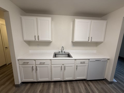 A kitchen with white cabinets and a sink.