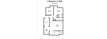 A floor plan of a 1050 square foot home with two bedrooms, one bath, and a kitchen.