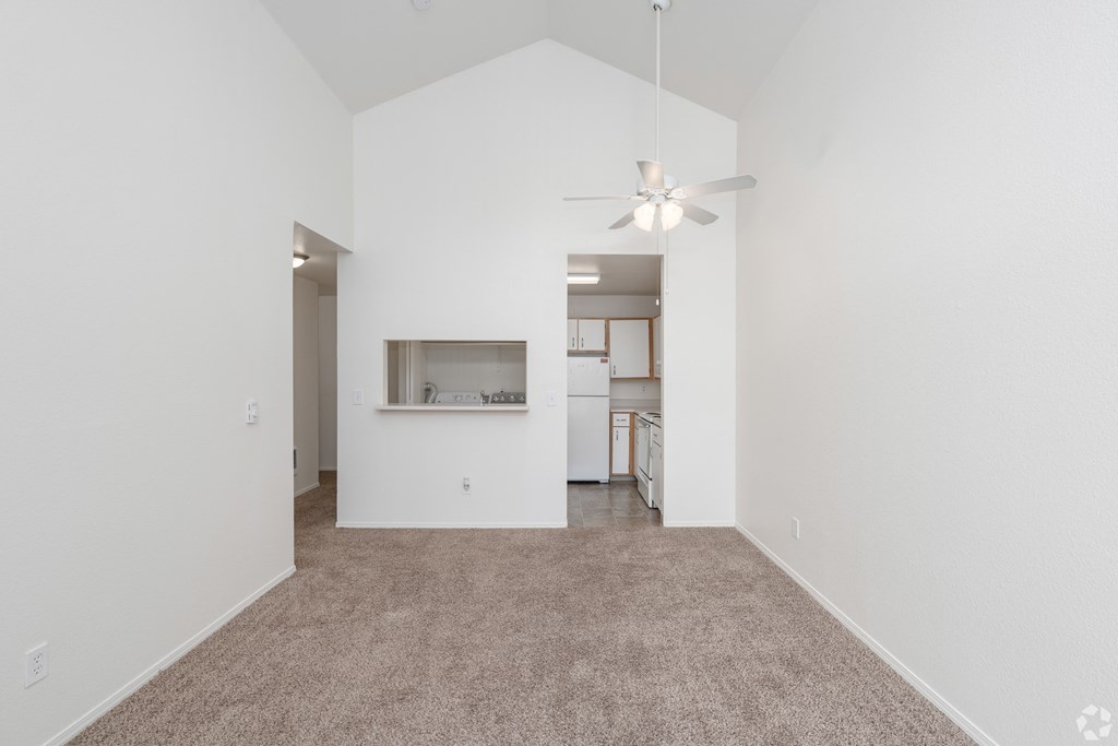 A spacious room with a carpeted floor and a ceiling fan.
