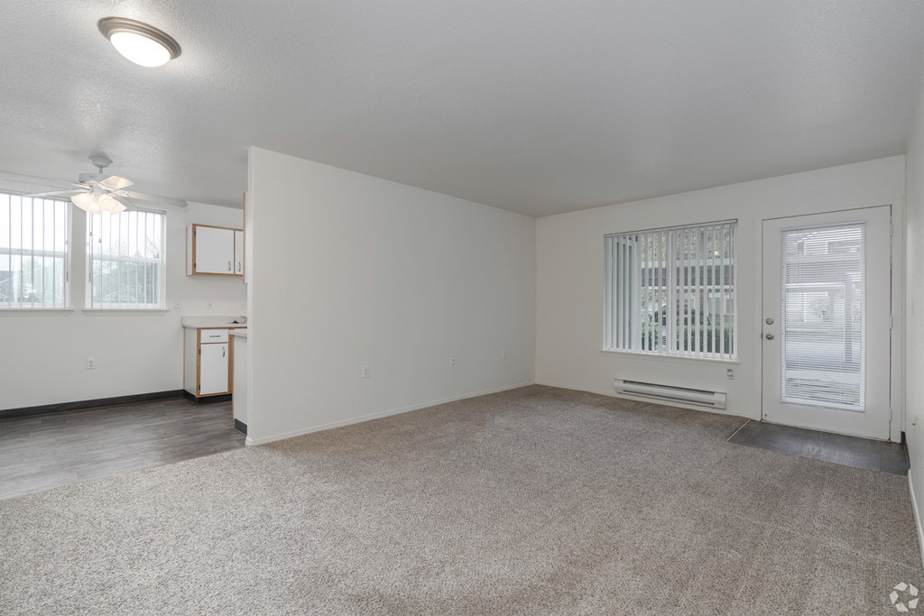 A spacious room with a carpeted floor and a window with blinds.