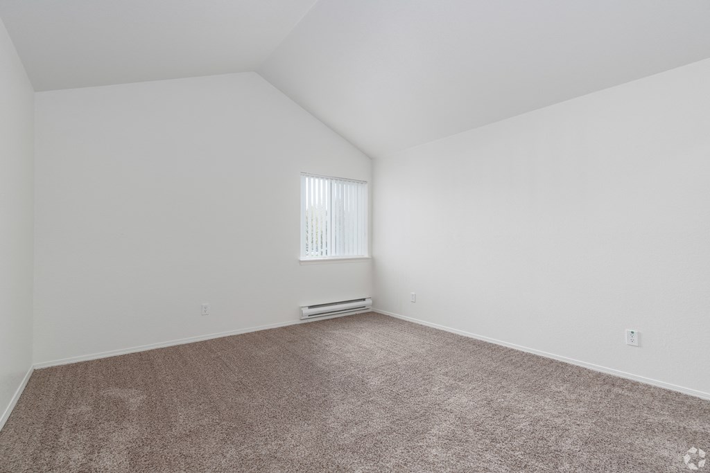 A room with a carpeted floor and a window with blinds.