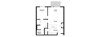 A floor plan of a small apartment with a bedroom, living room, kitchen, dining area, and a walk-in closet.