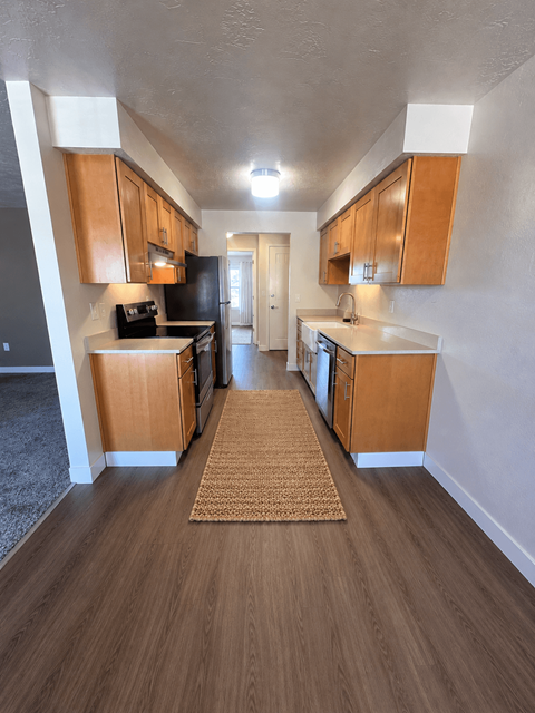 A kitchen with wooden cabinets and a rug on the floor.