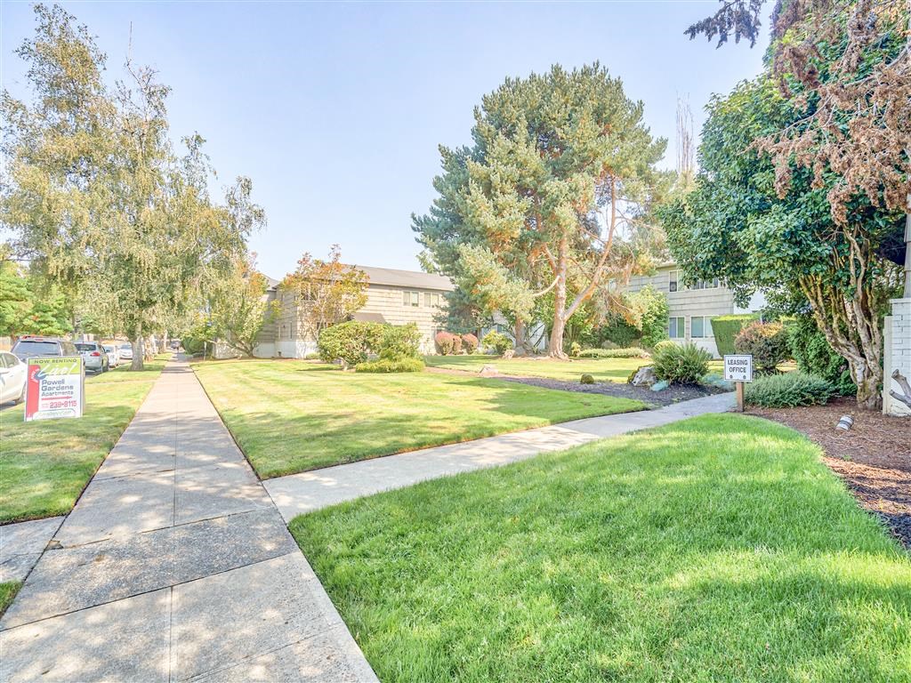 a sidewalk through a park with grass and trees