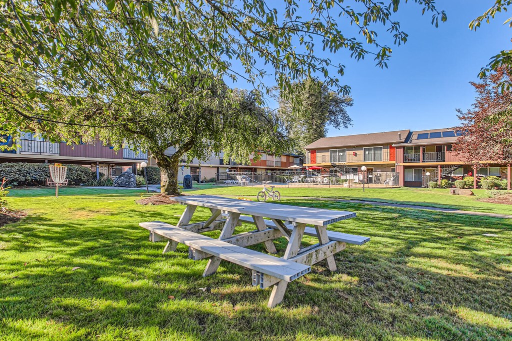 a picnic table sitting under a tree in the grass