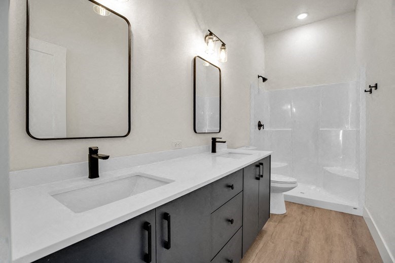 a bathroom with two sinks and a toilet