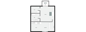 A floor plan of a house with a patio, closet, bath, kitchen, living room, and bedroom.