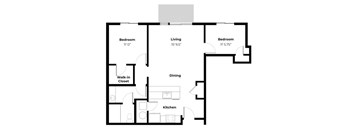 A black and white image of a house floor plan with a living room, two bedrooms, a dining room, a kitchen, and a walk-in closet.