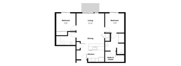 A floor plan of a house with a living room, two bedrooms, a dining room, a kitchen, and a walk-in closet.