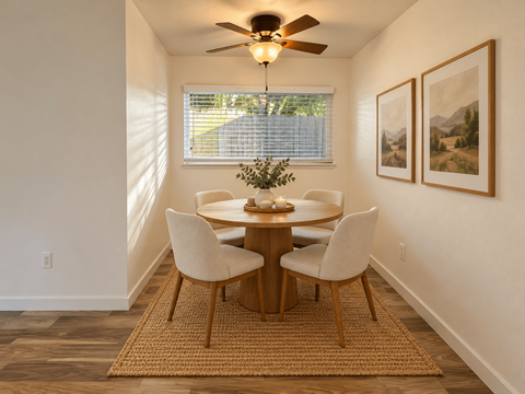 A dining room with a round table and chairs.