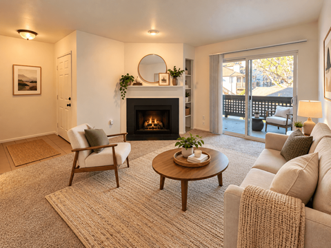 A cozy living room with a fireplace and comfortable seating.