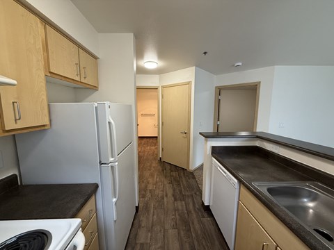 A kitchen with a white refrigerator, black countertops, and wooden cabinets.