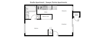A floor plan of a studio apartment with a kitchen, dining area, living space, and bathroom.