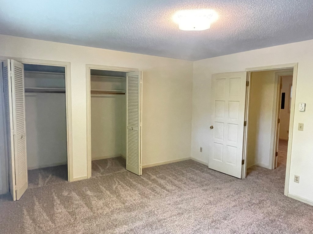 a bedroom with a carpeted floor and a closet with a door open