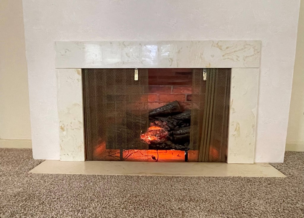 a fireplace with a roaring fire and a grate in front of it