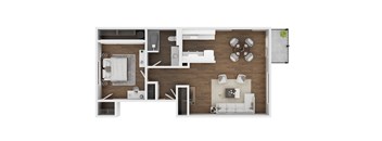 A top-down view of a modern apartment layout with a kitchen, living room, and bathroom.