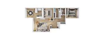 A floor plan of a house with a kitchen, living room, and bedrooms.