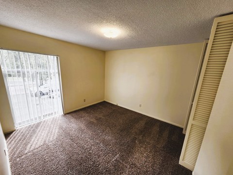 A room with a carpeted floor and a window letting in light.