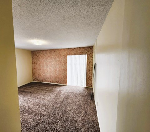 A room with a carpeted floor and a window with blinds.