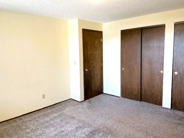 Three brown doors in a white room.
