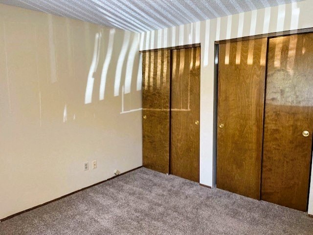 A room with a carpeted floor and a white ceiling with three wooden doors.