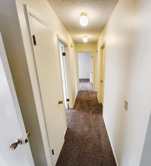 A hallway with carpeted flooring and white walls.