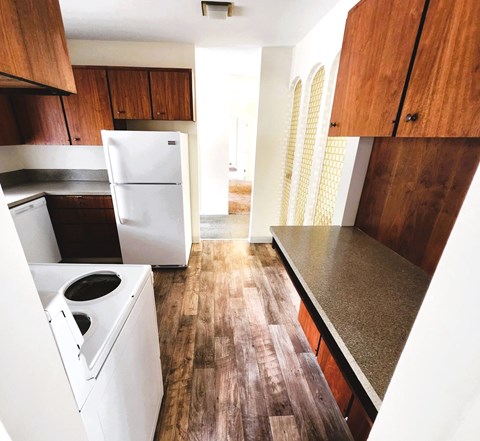 A kitchen with a white fridge and a dishwasher.