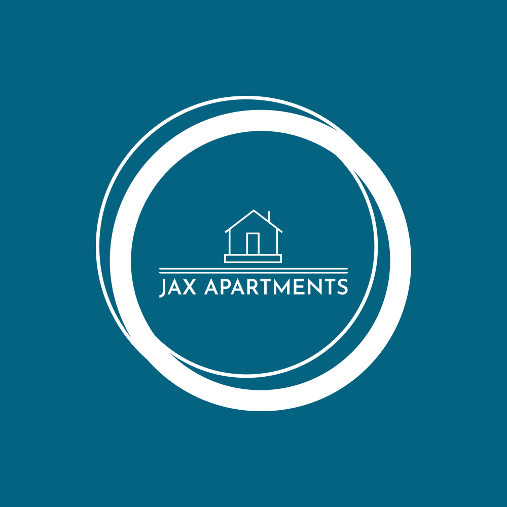 a logo that says jazz apartments in a white circle on a blue background