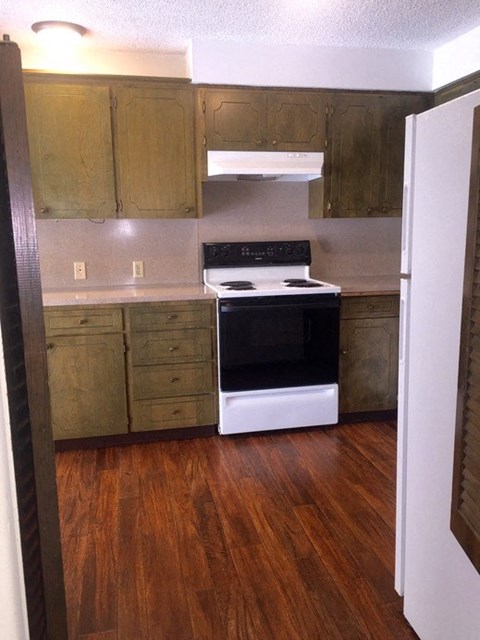 A kitchen with a white refrigerator, wooden cabinets, and a black stove top oven.