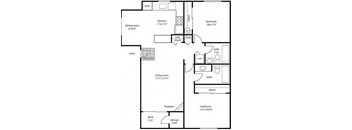 A floor plan of a house with a living room, dining room, kitchen, and two bedrooms.
