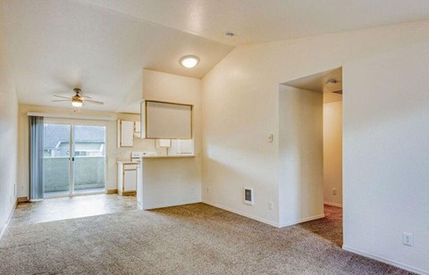 A living room with a ceiling fan and a sliding glass door.