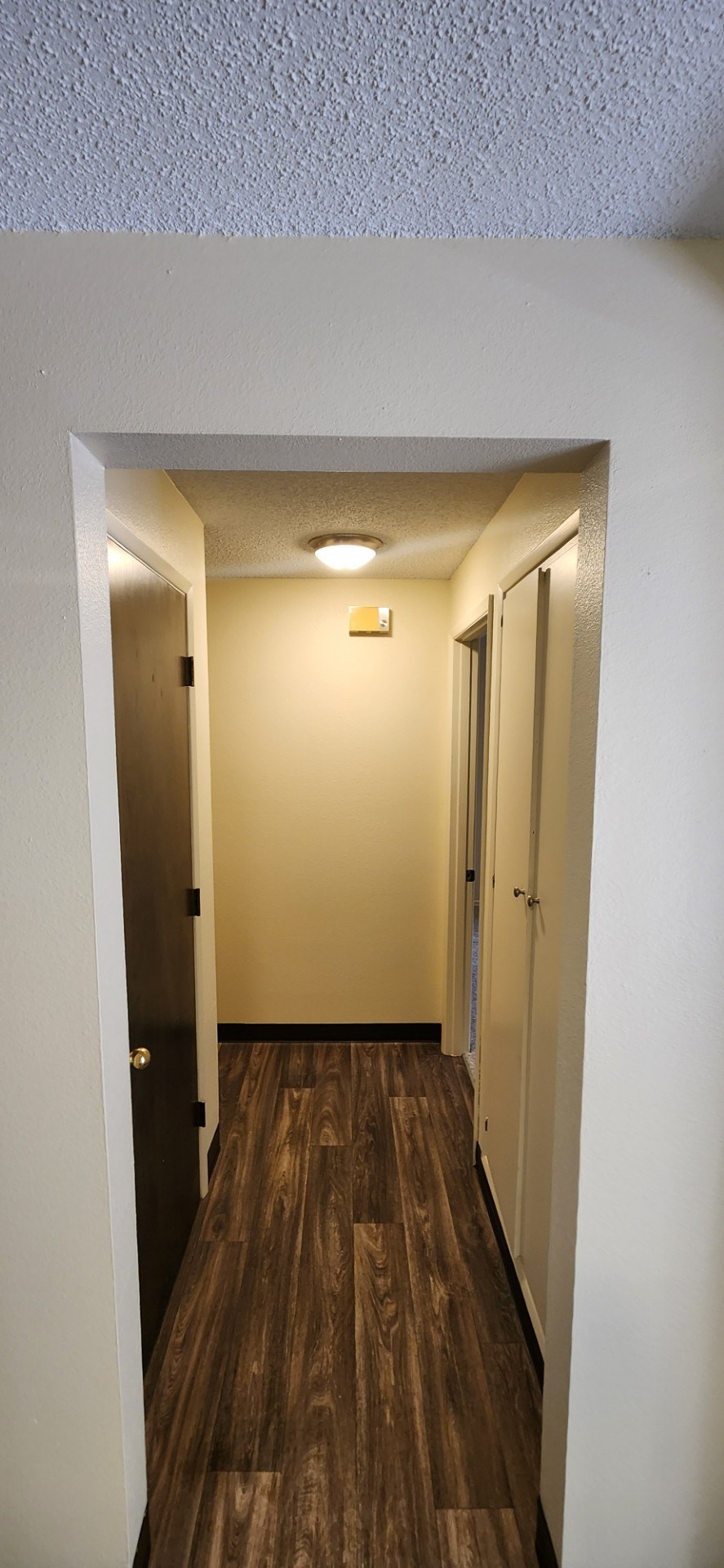 Nell Anna Court hallway with wood flooring and white walls.
