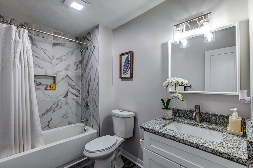 a bathroom with a shower and a toilet and a sink