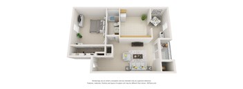 A 3D floor plan of a small apartment with a kitchen, living room, and bathroom.