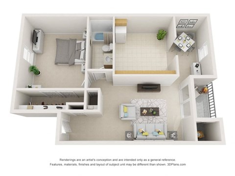 A 3D floor plan of a small apartment with a kitchen, living room, and bathroom.
