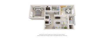 A 3D floor plan of a small apartment with a kitchen, living room, and bedroom.