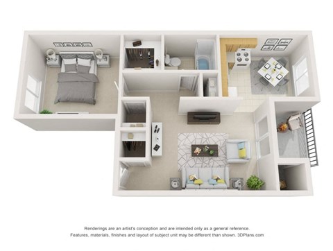 A 3D floor plan of a small apartment with a kitchen, living room, and bedroom.