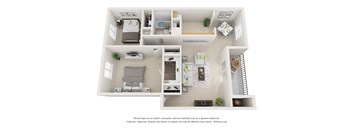 A 3D floor plan of a small apartment with a kitchen, living room, and bedroom.