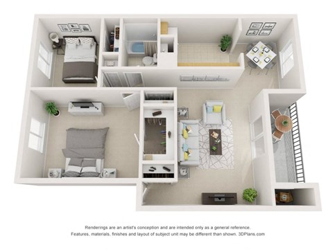 A 3D floor plan of a small apartment with a kitchen, living room, and bedroom.